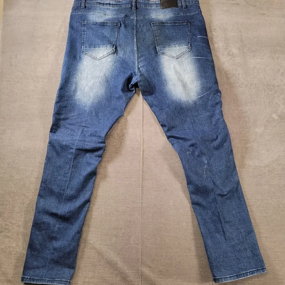Encrypted Baggy Distressed Zipper Knees‎ Jeans Mens Blue Actual Size 44 x 33